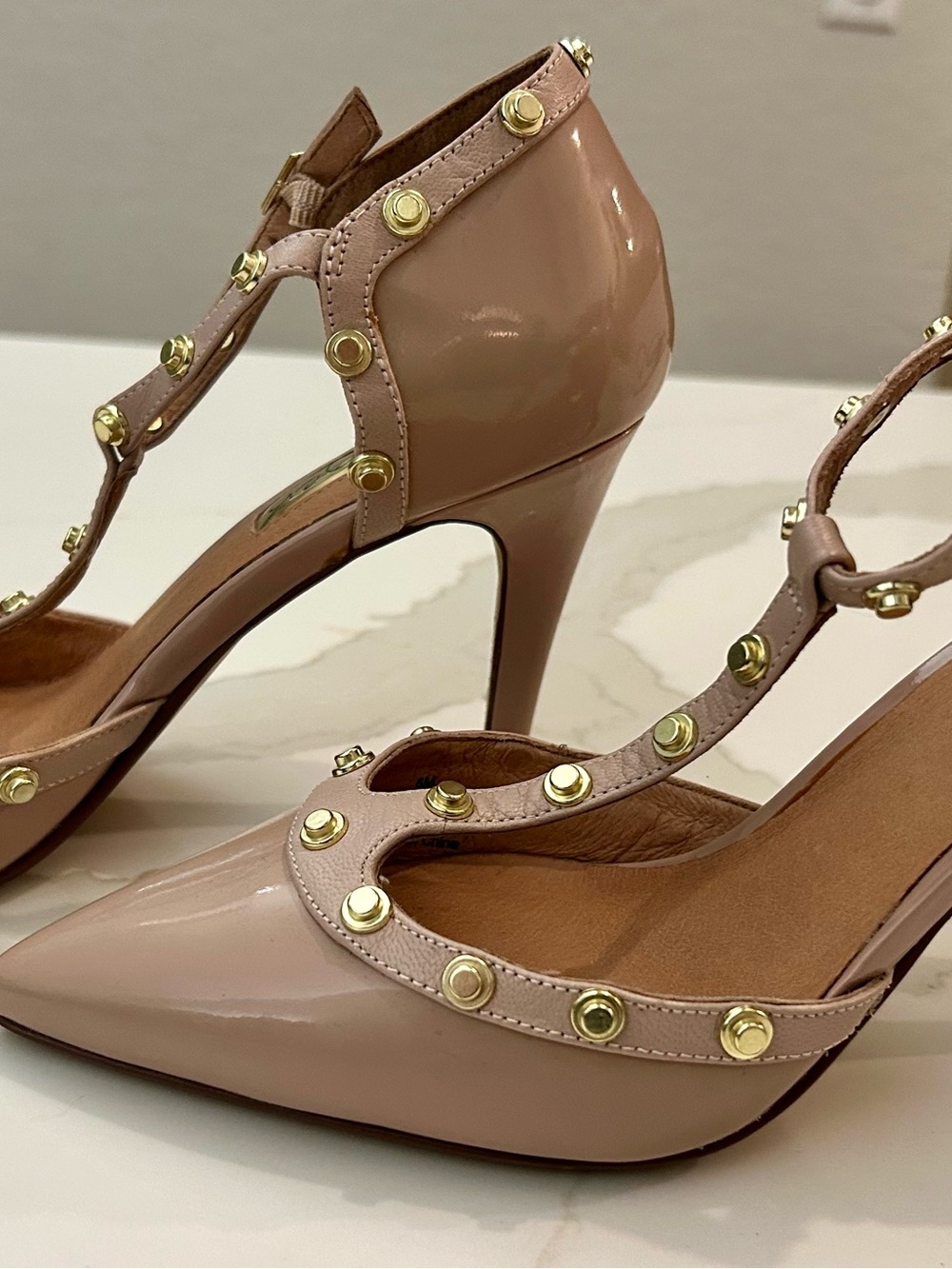 Halogen Women's Studded T-Strap Pointed Toe Heels in Nude